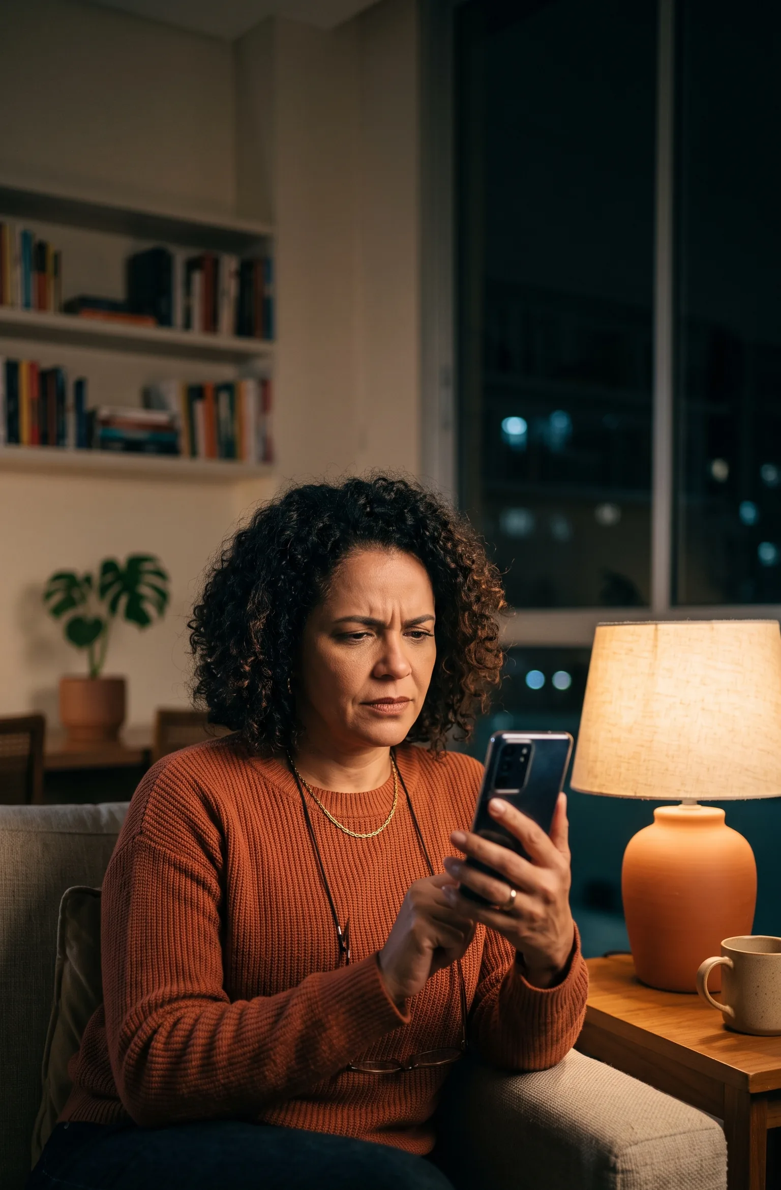 Mulher à noite lendo uma mensagem no celular, com expressão preocupada.