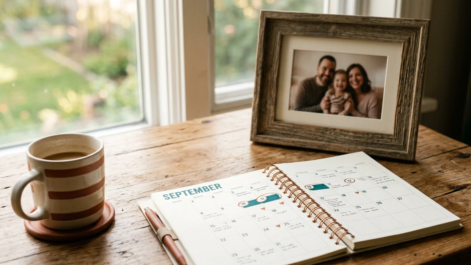 Mesa com um calendário de setembro aberto, uma xícara de café e um porta-retrato de família.