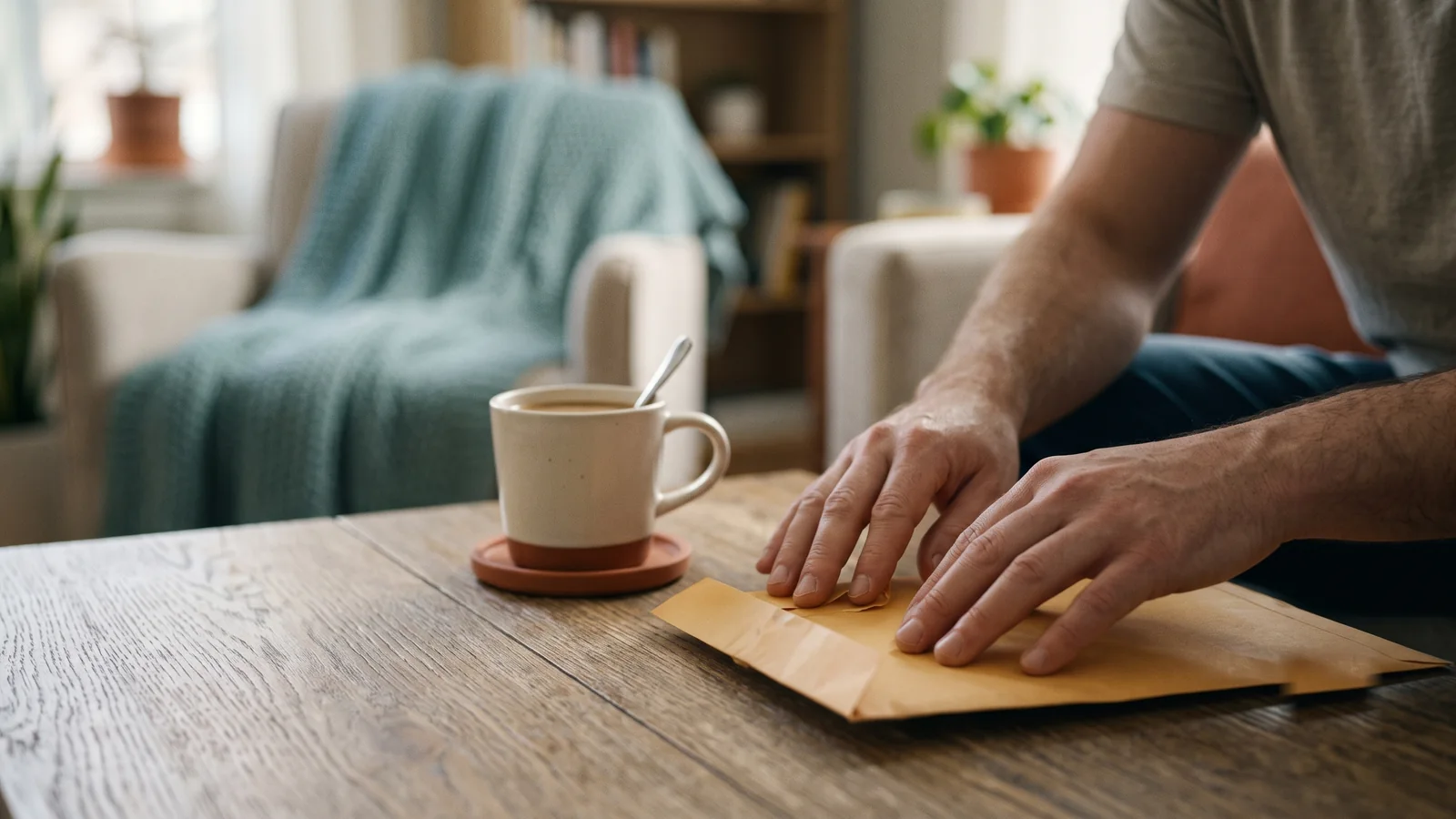Mãos abrindo um envelope oficial sobre a mesa da sala, um respiro antes de ler.