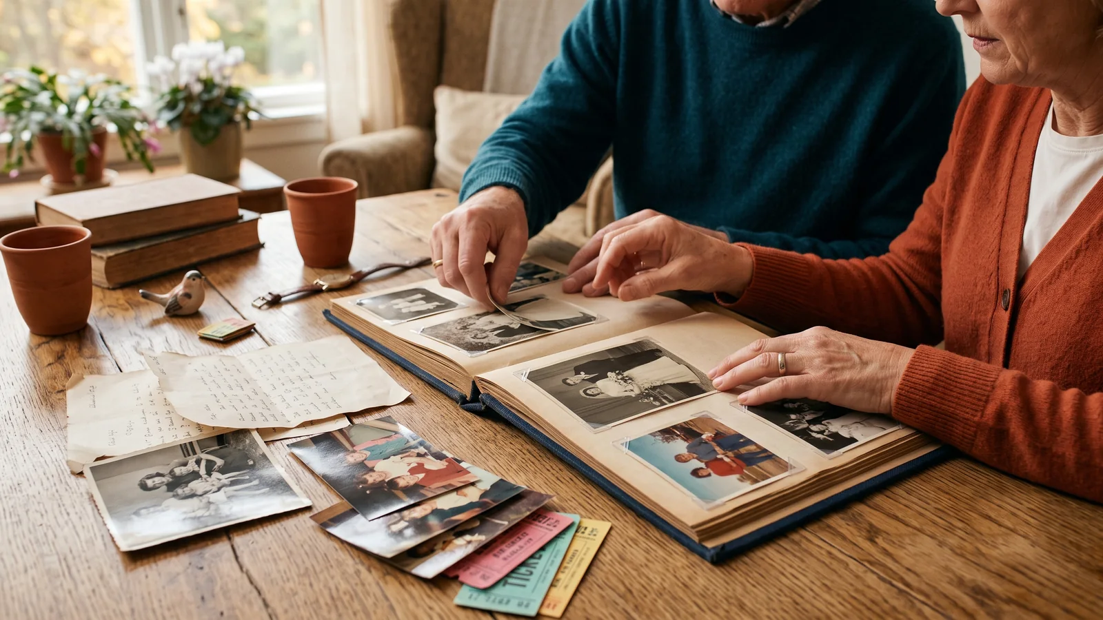 Uma mesa com fotos de família, cartas e pequenos objetos de uma vida em comum sendo organizados num álbum.