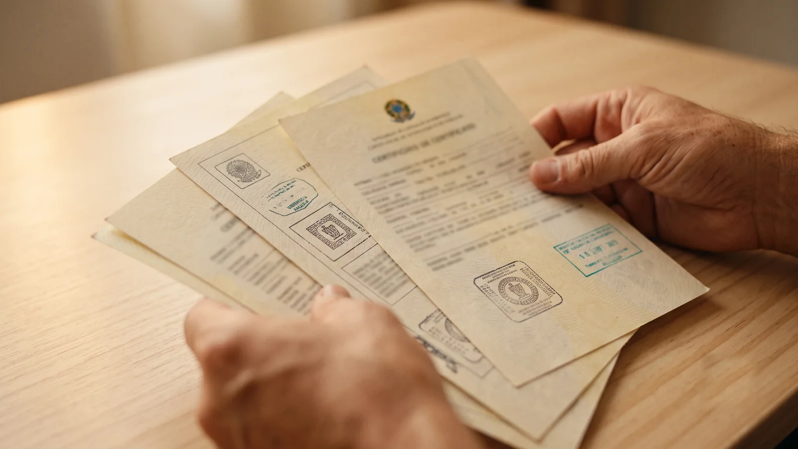 Mãos segurando certidões brasileiras com selos e carimbos, sobre uma mesa clara.