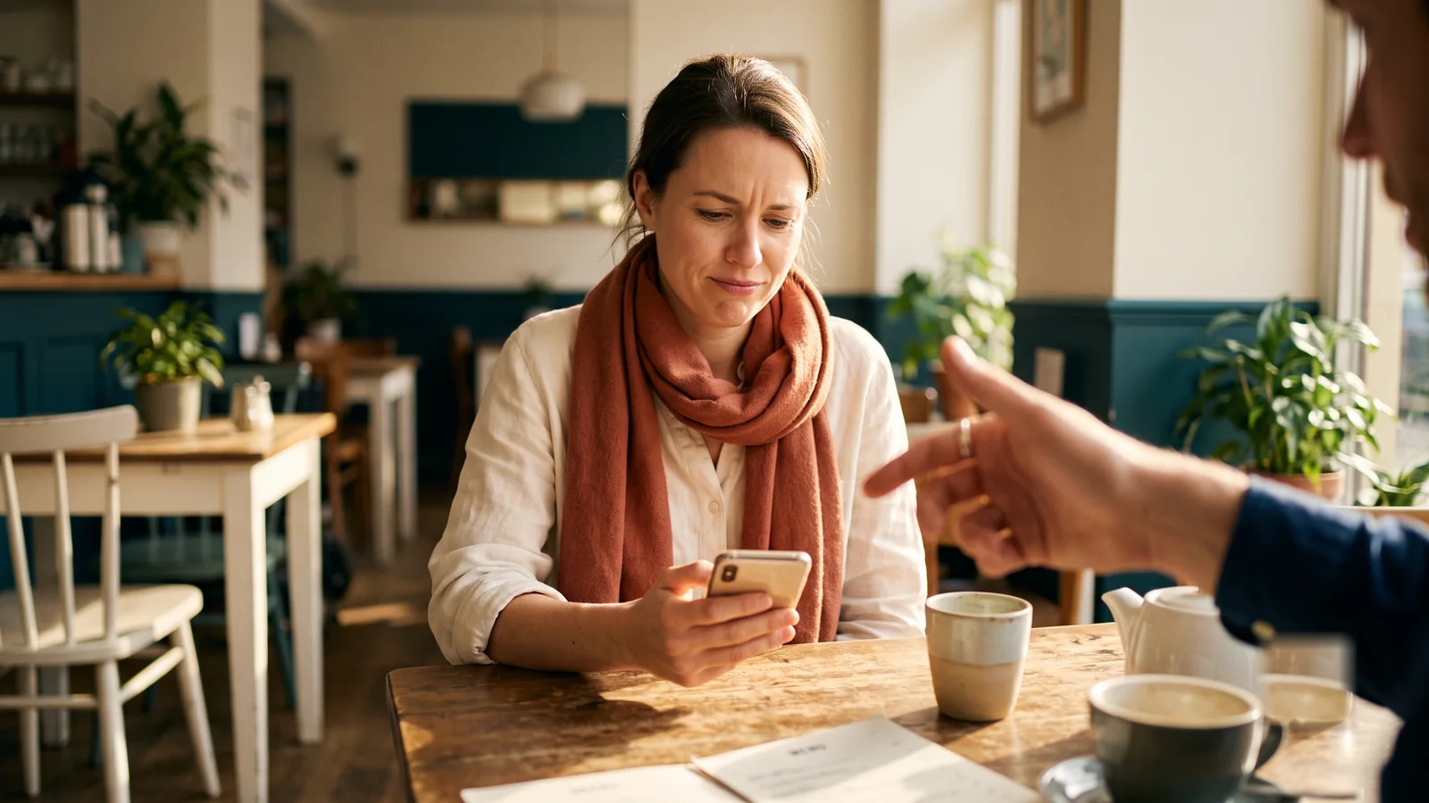 Uma pessoa numa mesa de café olhando o celular com dúvida, enquanto uma mão estranha gesticula com confiança do outro lado.