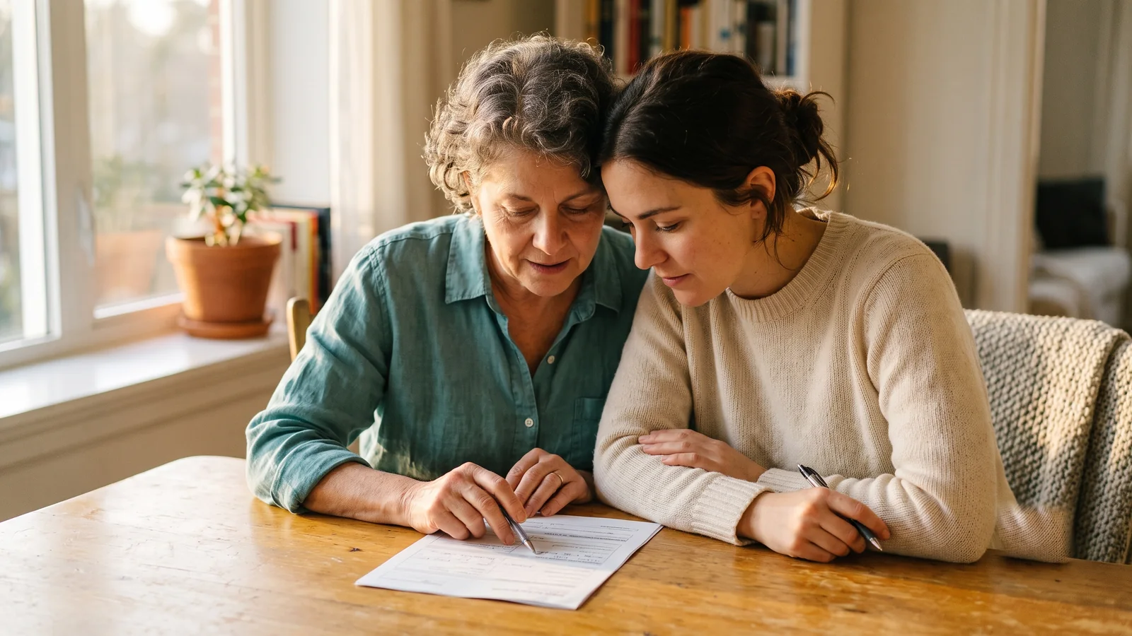 Uma mãe e o filho adulto preenchendo um formulário juntos na mesa, com luz dourada.