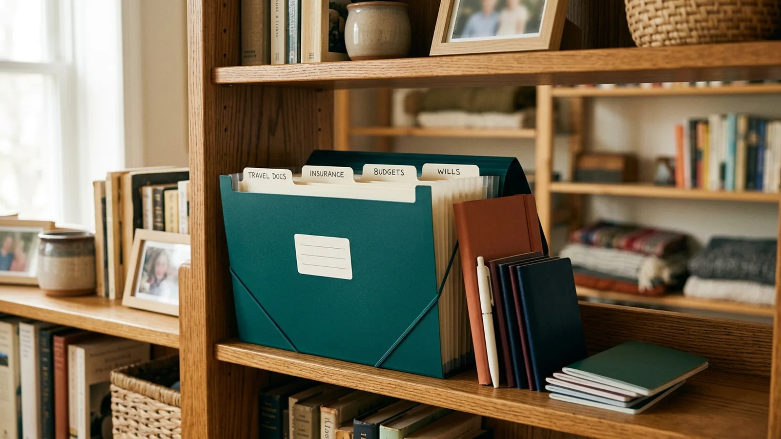 Estante organizada com pasta sanfonada rotulada com abas de documentos de viagem, seguro, orçamento e testamento.